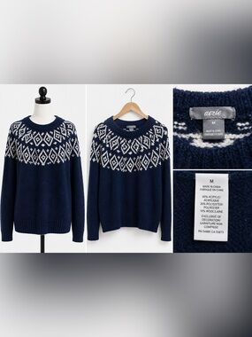 Abercrombie & Fitch Navy and White Fair Isle Crewneck Sweater medium